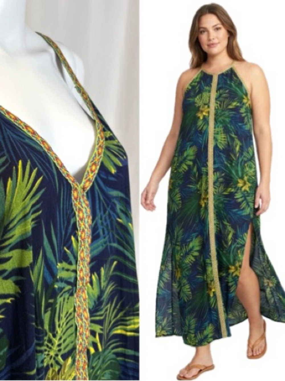 America & Beyond Green Hawaiian Leaf Print Sundress Size XL Maxi Halter Dress